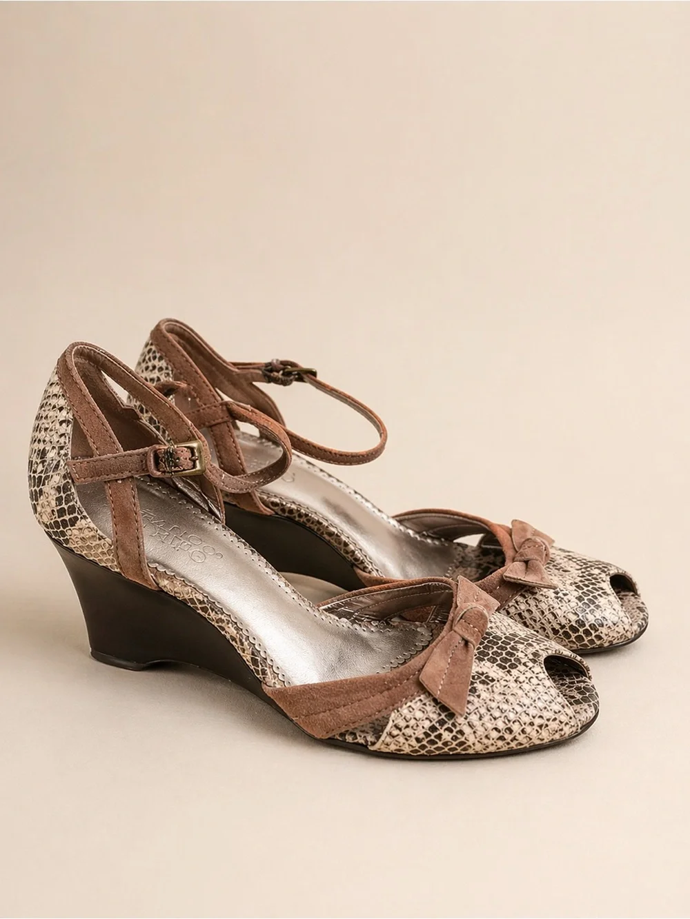 Franco Sarto Brown Snake-Print Wedge Sandals with Ankle Strap